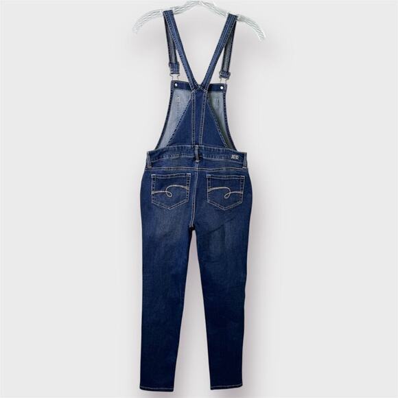 Justice Distressed Dark Wash Denim Bib Overalls Skinny Stretch Girl's Size 16 - Picture 9 of 12